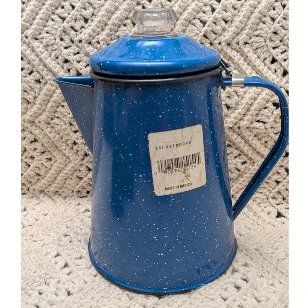 Vintage Blue Speckled Enamelware Coffee Percolator and 2 Mugs Camping Set